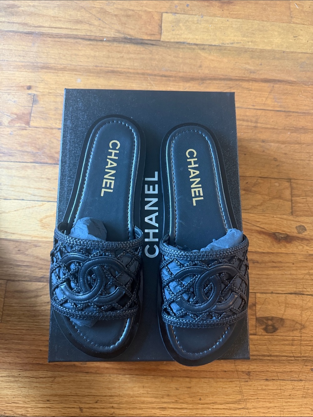 CHANEL Black Braided CC Logo Slide Mules